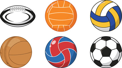 Obraz premium Colorful Sports Ball Vector Icon Set Featuring Rugby, Football, Basketball, Volleyball, and Soccer Vectors for Team Mascots, School Tournaments, and Athletic Club Graphic Designs