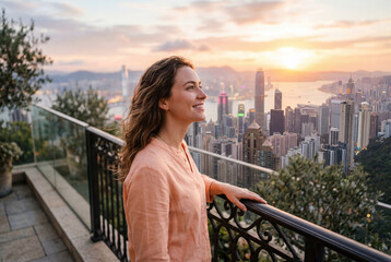 Obraz premium Woman smiling on balcony overlooking city at sunset