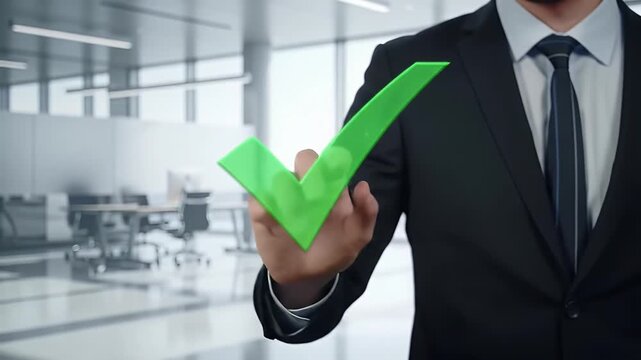 Businessman's hand points to a green checkmark in a modern office
