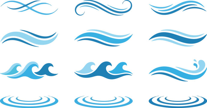 Collection Of Blue Wave Shapes, Vector Illustration On White Background