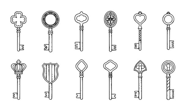 Collection of Ten Unique Vintage Keys with Distinct Shapes and Ornate Designs Vector Illustration