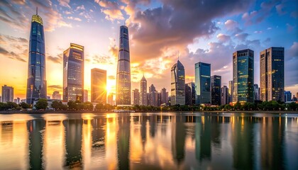 Naklejka premium Stunning city skyline at sunrise, with massive skyscrapers casting clear, golden reflections across the calm surface of a wide river.