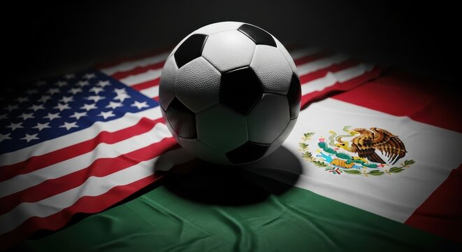 Soccer Ball Placed on United States and Mexico Flags Representing International Football Rivalry and Match Competition