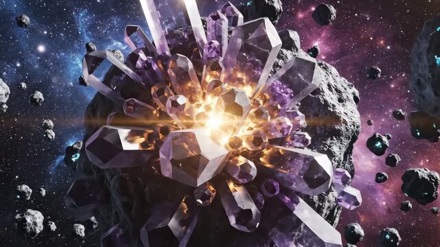Glowing purple crystal asteroid in deep space, cosmic mineral rock with amethyst quartz clusters, cinematic sci-fi galaxy background with nebula