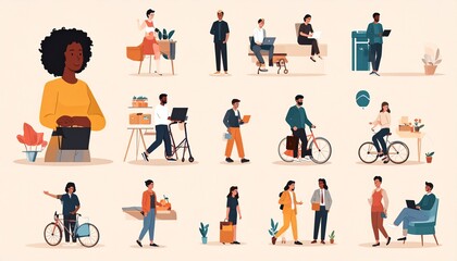 Fototapeta premium Flat, stylized illustration set showing diverse people engaging in daily activities like working, commuting, shopping, and riding bicycles.