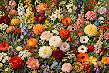 Abundant floral background with blooming colorful flowers in maximalism style, beautiful spring bouquet pattern with peony and lily oil painting texture © Yan
