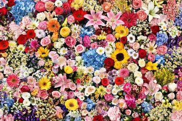 Abundant floral background with hundreds of blooming colorful flowers, dense summer bouquet pattern with rose and hydrangea wallpaper © Yan