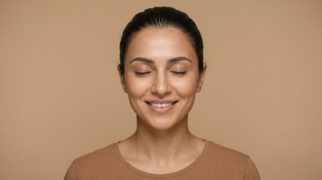 Woman with closed eyes smiling gently on a plain background