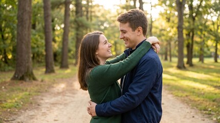 Fototapeta premium Young couple embracing and smiling in a sunlit forest path during autumn