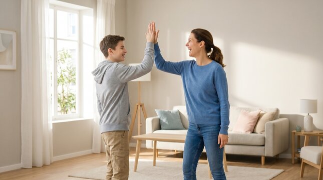 Mother and son celebrating with a high five in a bright living room