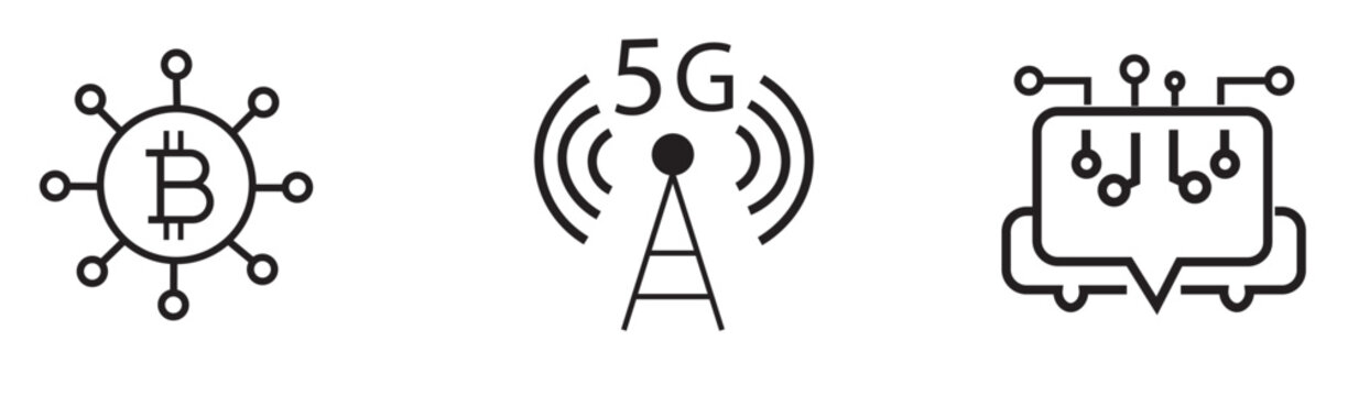 Black line icons of bitcoin network, 5g cell tower and circuit board chat box