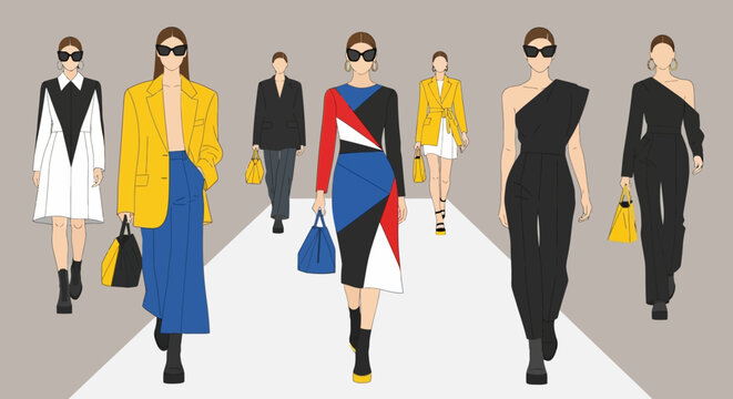 Stylish models walking a fashion runway catwalk wearing modern colorful designer outfits and luxury handbags