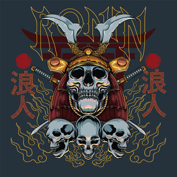 Samurai Skull with Katana Swords Vector Illustration