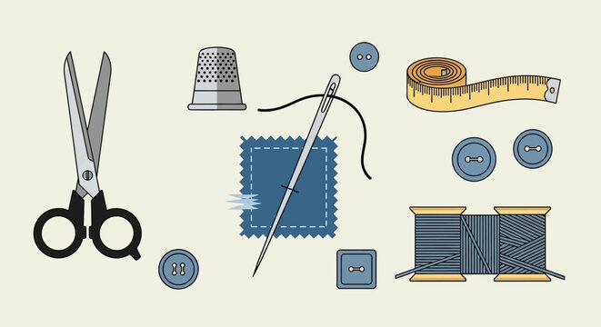 Set of sewing tools and tailoring equipment including scissors, needle, thread, buttons, and measuring tape for handicraft