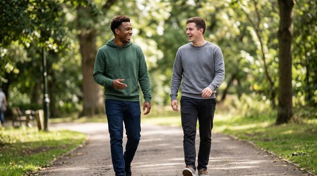 Two young men walking and laughing together on a park path surrounded by trees
