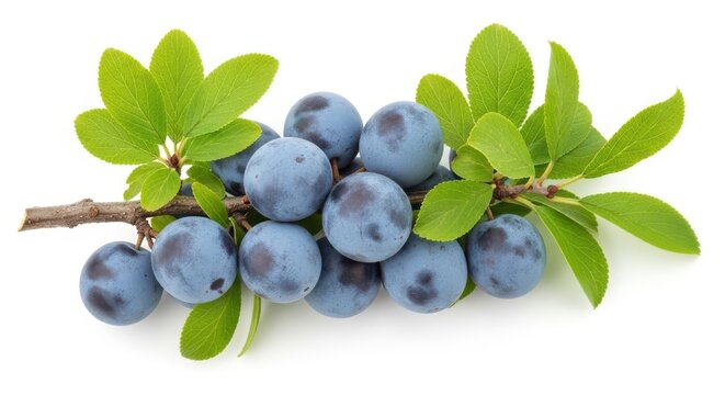 Fresh sloe berries on a branch with green leaves isolated on white background