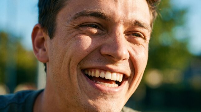 Close up of a man laughing with joy and happiness outdoors