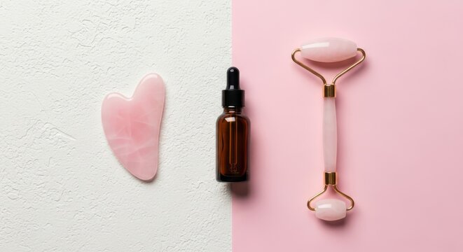 Rose quartz gua sha tool, facial serum, and jade roller on a split white and pink background