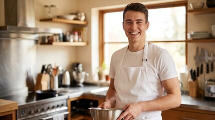Fototapeta premium Young Man Smiling Wearing Apron Holding Bowl in Modern Kitchen
