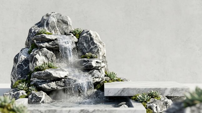Zen stone waterfall with succulents and a marble podium