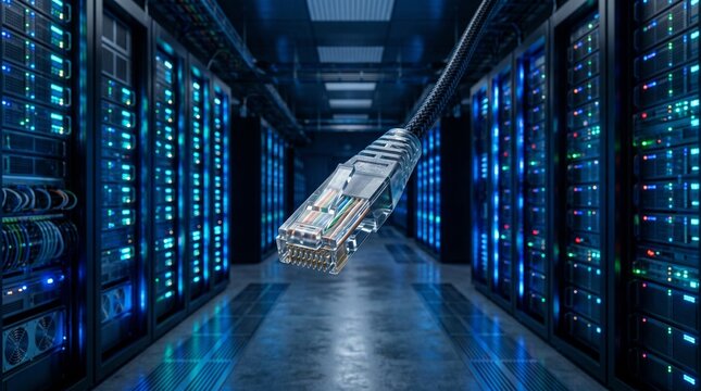 Network Ethernet Cable in Modern Data Center Server Room for High Speed Internet Connection
