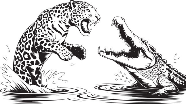 Jaguar attacking crocodile near water