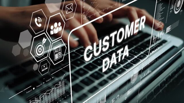 Focused Hands Typing on Laptop Keyboard Surrounded by Digital Graphics Representing Customer Data Management and Analysis. Asymptotic smart data analytic.