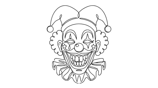 Continuous line drawing of a happy clown face with a big smile and jester hat