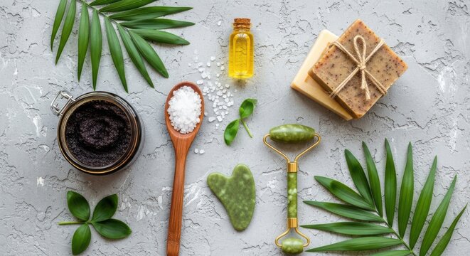 Natural spa and skincare set with jade roller, gua sha, and body scrub