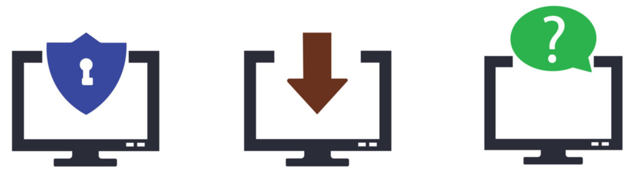 Vector icons of computer monitors with shield, download and question mark symbols on screen