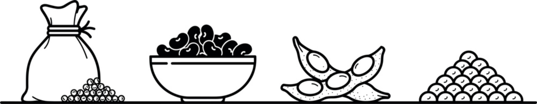 Minimalist Soybeans and Legumes Line Icon Set featuring Sack, Bowl of Beans, Pods, and Grain Heap for Agricultural Packaging Designs