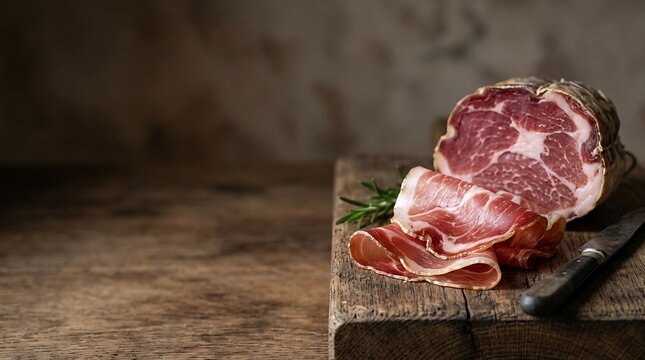 Italian capicola cured ham slices on a rustic wooden board