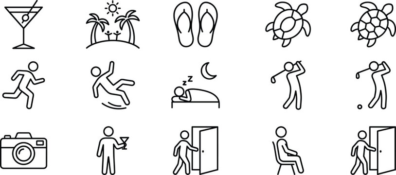 Summer vacation and resort activity line icon set for travel hotel amenities recreation sports