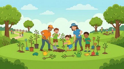 Naklejka premium Happy diverse group of people and kids planting trees in a park