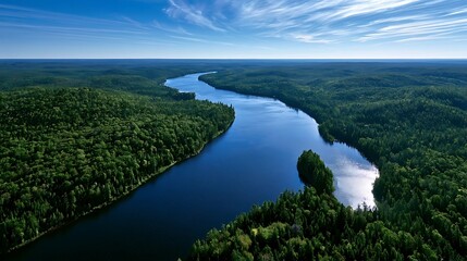 Obraz premium Expansive River Winding Through Lush Green Forest Under a Vast Blue Sky.