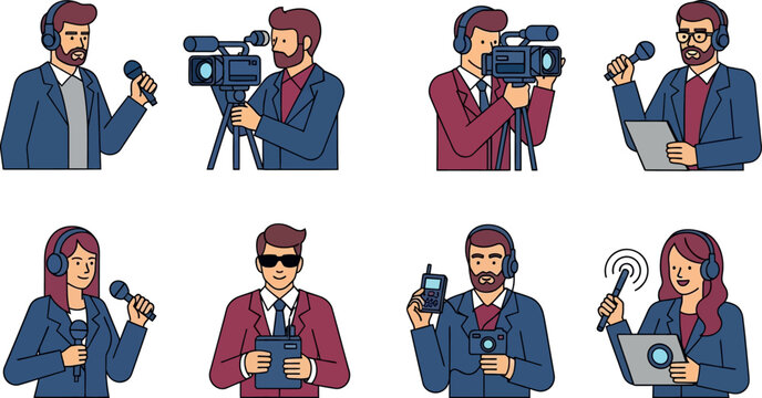 TV Journalism and Live Broadcasting Vector Set: Male and Female Reporters, Anchors, News Correspondents, and Cameramen with Microphones and Video Cameras Isolated on White Background