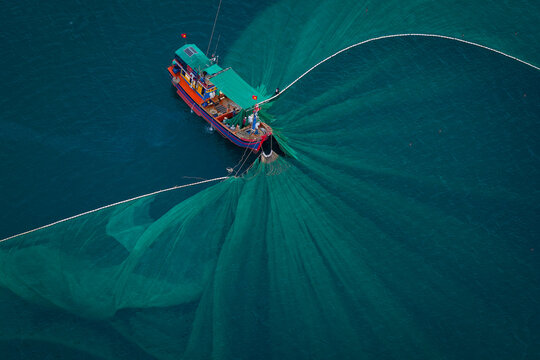 Aerial view of fishing boats using purse seine nets to catch anchovies in the coastal waters of Tuy An, Phu Yen, Vietnam.