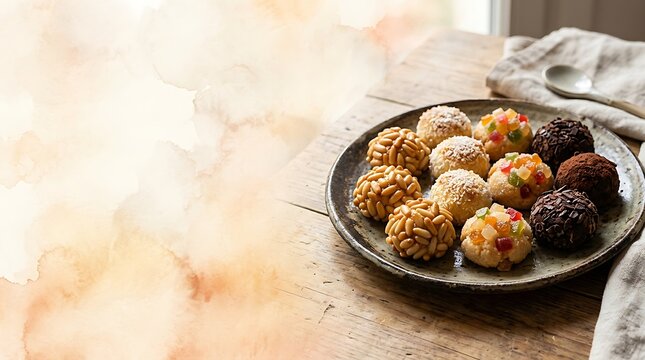 Assorted traditional panellets pastries on a rustic wooden table