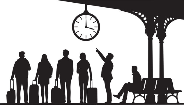 People waiting with luggage at train station clock