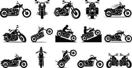 Motorcycle and Chopper Bike Black Silhouette Icon Set with Stunt Rider, Cruiser, and Custom Bobber Vectors for Garage Branding, Moto Clubs, and Repair Shop Designs © MstMonjila