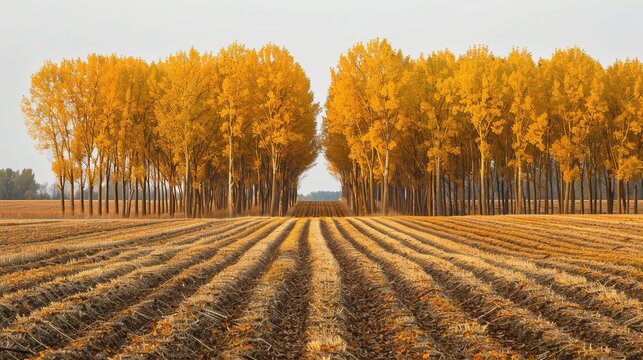 Golden shelterbelt trees across autumn farmland