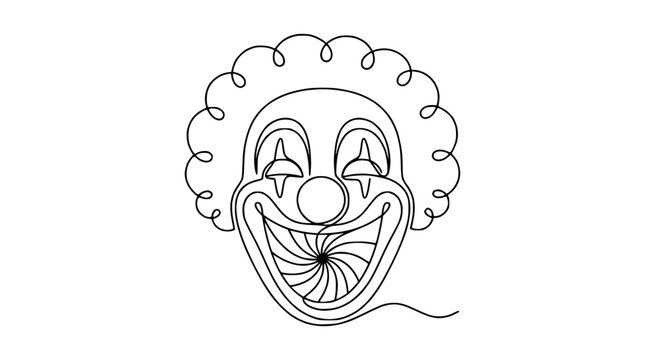 Single line drawing of a happy clown face with curly hair and big smile, minimalist art
