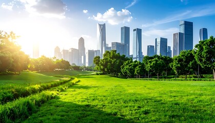 Obraz premium A city skyline with green field and trees