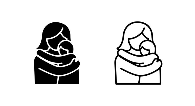 Mother hugging child icon set, solid and outline vector illustration, parenting