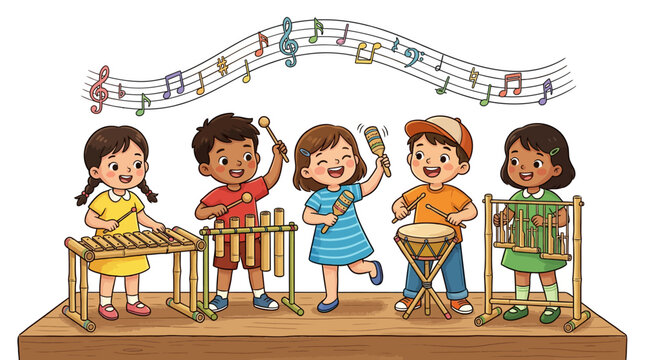 Children playing xylophone on stage with colorful musical notes