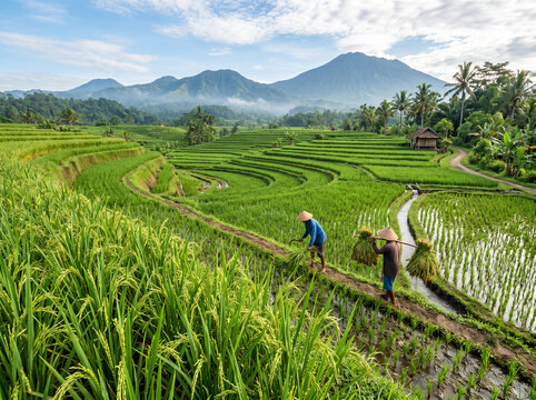 farmers harvest rice