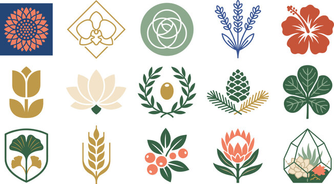 Geometric botanical logos vector set with 15 minimalist flat flower leaf wheat and olive wreath corporate insignia