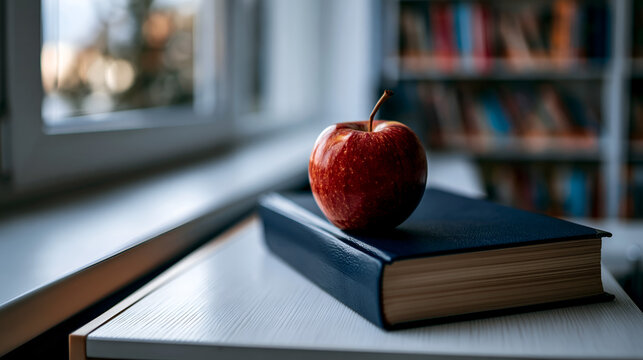 A vibrant polished red apple rests gracefully on top of a classic dark blue hardcover book capturing the essence of academic study and intellectual pursuit today.