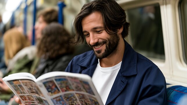 Man reading a magazine on a crowded subway train during his commute.