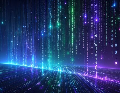 A futuristic digital landscape with vibrant neon lines and binary code